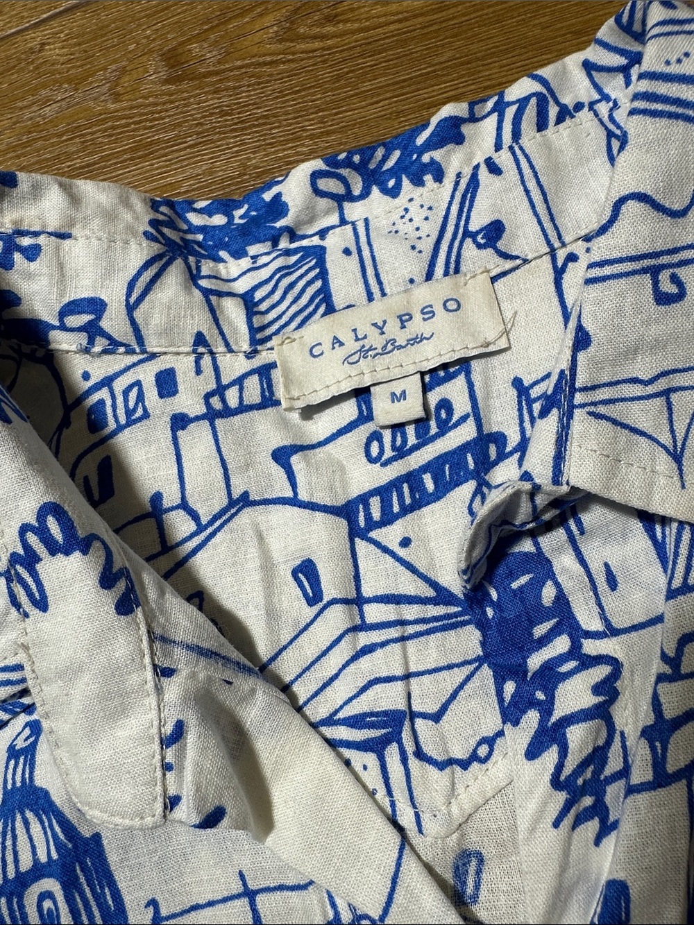 Calypso St. Barth White Button-Up Crop Shirt with Blue Scenic Print Size Medium - Picture 2 of 10